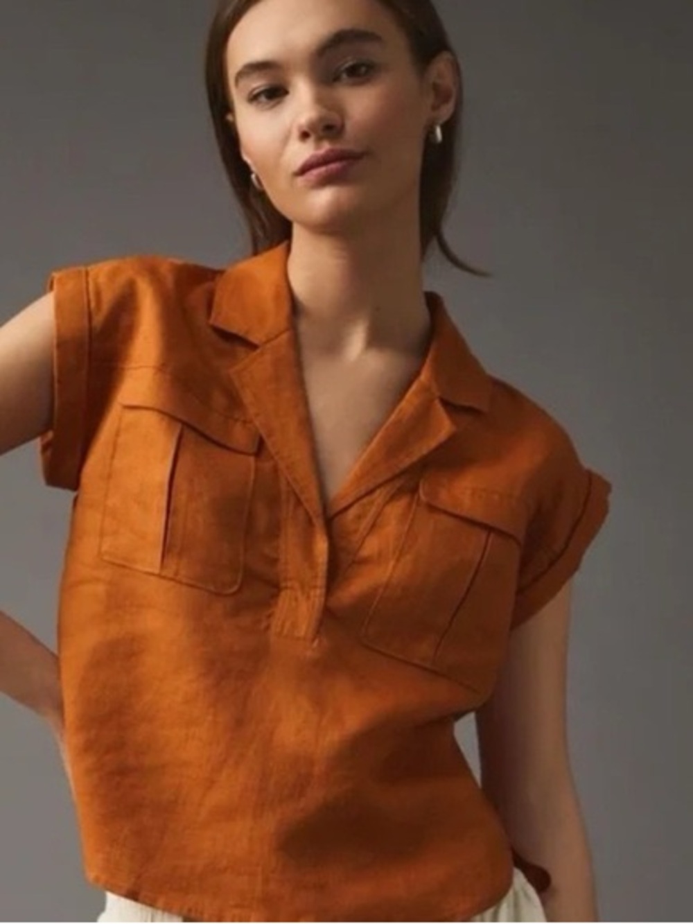 Anthropologie Orange Short-Sleeve Utility Linen Top